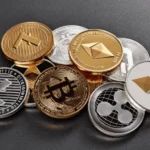 Various cryptocurrency coins, including Bitcoin and Ethereum, scattered on the ground. This image represents a comprehensive Guide to Cryptocurrency.