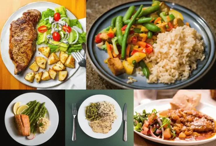 Healthy weeknight dinner of grilled chicken and roasted vegetables.