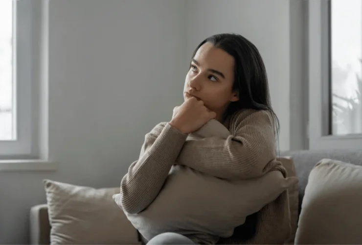 A girl sitting alone, looking thoughtful and sad at a networking event. This image represents the struggles introverts often encounter, highlighting the importance of Networking Tips for Introverts to help them engage more comfortably.