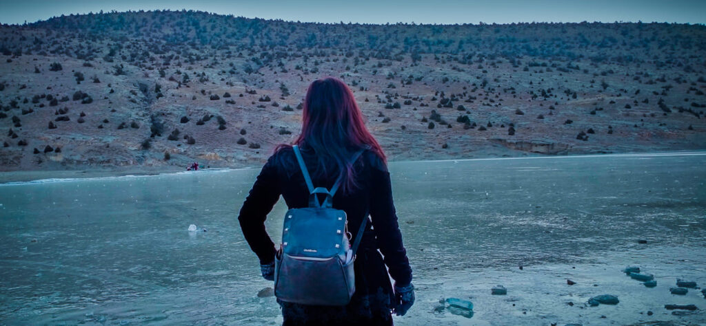 Girl on a road trip experience stops to take in the mountain view.