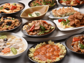 A dining table showcasing a variety of international dishes, each adorned with flags of different countries, perfectly represents the diverse flavors found in the Top 10 International Cuisines.