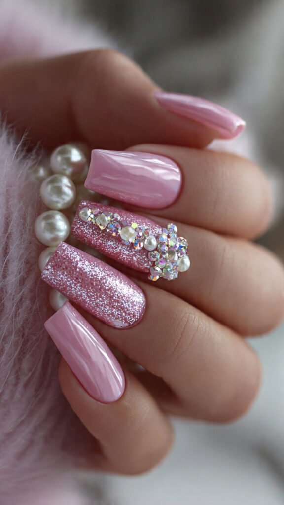 pink rhinestone nails
